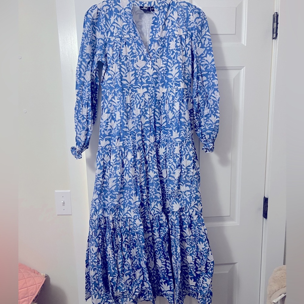 Madison Mathews Folly Midi Dress in color Blue De France, size XS